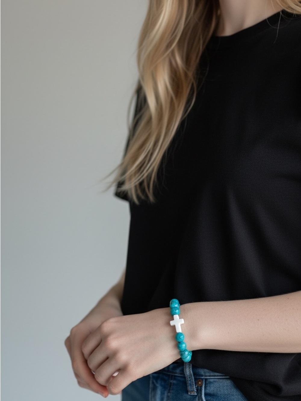 9/25 Turquoise Beaded Bracelet with White Cross Accent - Women Jewelry